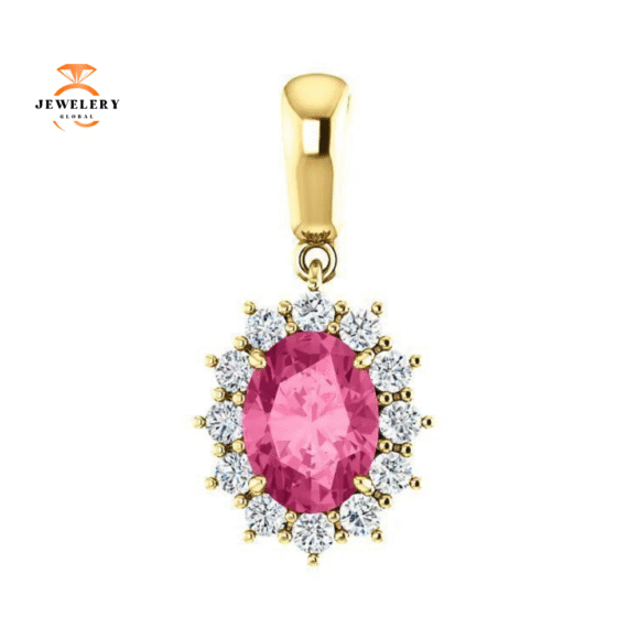 14KT GOLD 1.35 CT PINK TOURMALINE & 1/3 CTW DIAMOND HALO PENDANT - Image 4
