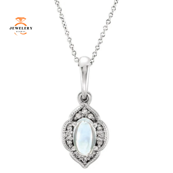 14KT GOLD 1/4 CT MOONSTONE & .03 CTW DIAMOND CLOVER NECKLACE