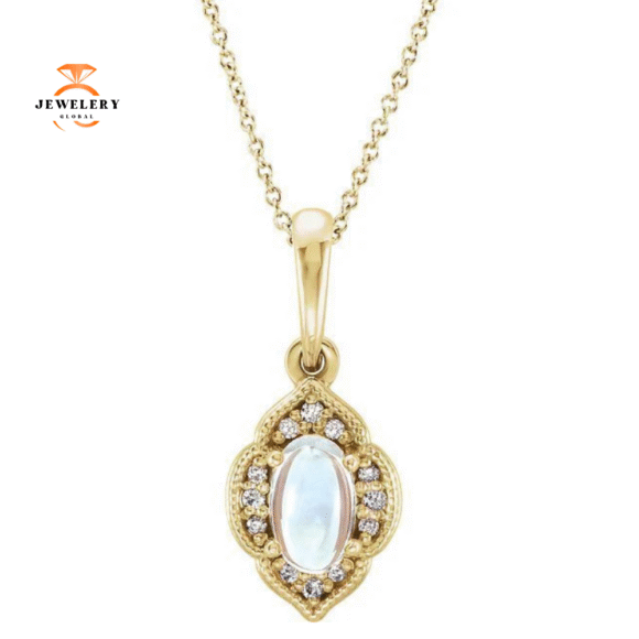 14KT GOLD 1/4 CT MOONSTONE & .03 CTW DIAMOND CLOVER NECKLACE - Image 2