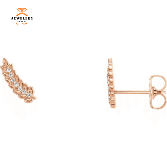 14KT GOLD 0.04 CTW DIAMOND LEAF EAR CLIMBERS