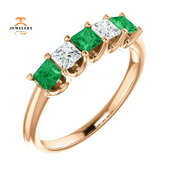 14KT GOLD 0.45 CTW EMERALD & 0.33 CTW DIAMOND SQUARE 5 STONE BAND