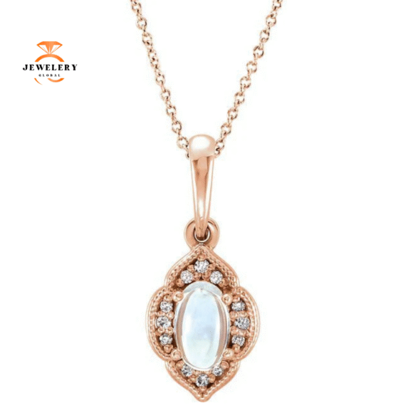 14KT GOLD 1/4 CT MOONSTONE & .03 CTW DIAMOND CLOVER NECKLACE - Image 3