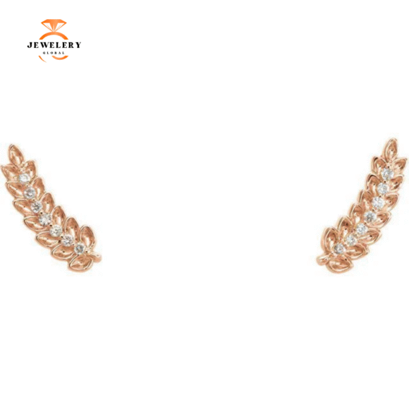 14KT GOLD 0.04 CTW DIAMOND LEAF EAR CLIMBERS - Image 2