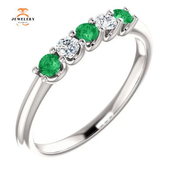 14KT GOLD 0.18 CTW EMERALD & 0.12 CTW DIAMOND 5 STONE BAND