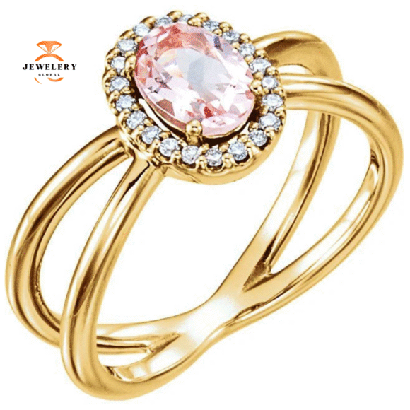 14KT GOLD MORGANITE & DIAMOND CRISS CROSS HALO RING - Image 5
