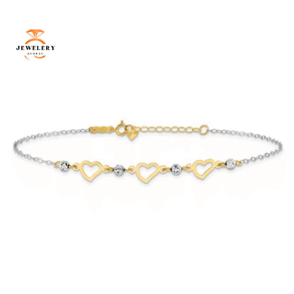 14KT TWO-TONE GOLD BEAD & HEART OVAL LINK ANKLET - Image 3