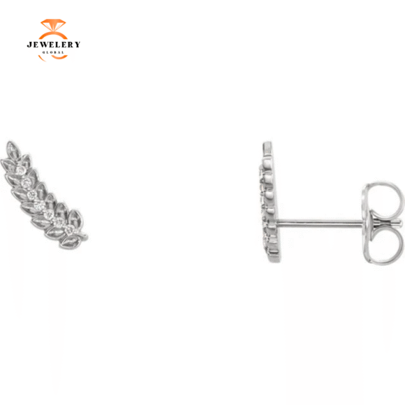 14KT GOLD 0.04 CTW DIAMOND LEAF EAR CLIMBERS - Image 3