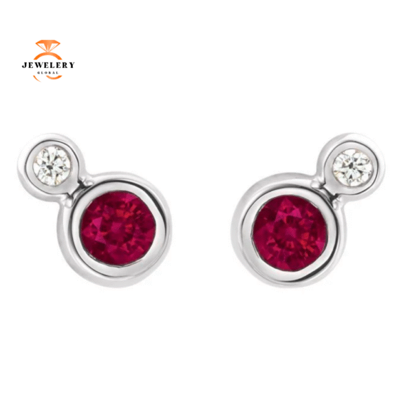 14KT GOLD 0.32 CTW RUBY & 0.03 CTW DIAMOND BEZEL-SET EARRINGS - Image 2