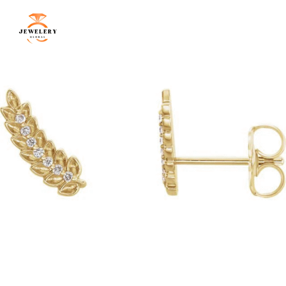 14KT GOLD 0.04 CTW DIAMOND LEAF EAR CLIMBERS - Image 5