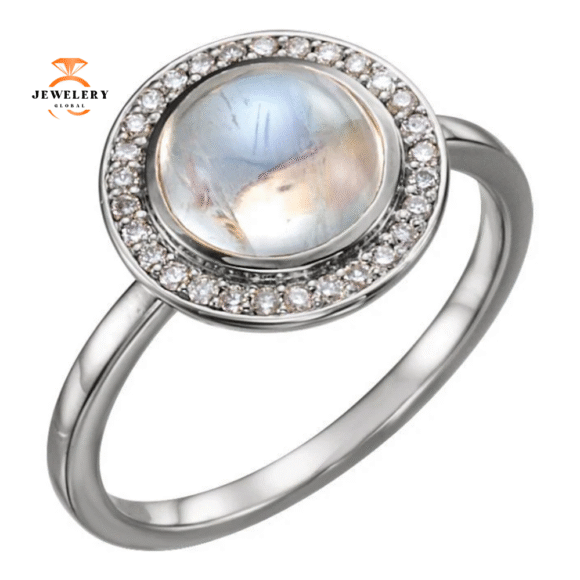 14KT GOLD 2.00 CT MOONSTONE & 1/8 CTW DIAMOND ROUND HALO RING