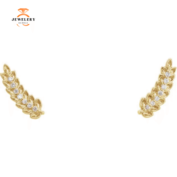 14KT GOLD 0.04 CTW DIAMOND LEAF EAR CLIMBERS - Image 6