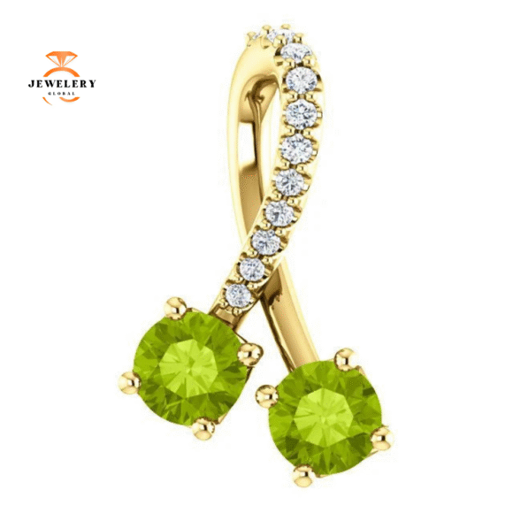 14KT GOLD 0.60 CTW PERIDOT & 0.05 CTW DIAMOND FREEFORM 2 STONE PENDANT - Image 7