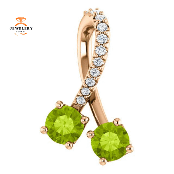 14KT GOLD 0.60 CTW PERIDOT & 0.05 CTW DIAMOND FREEFORM 2 STONE PENDANT - Image 4