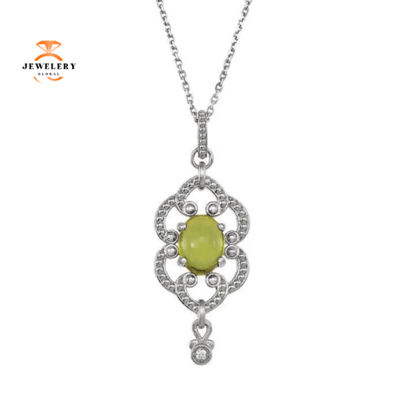 14KT GOLD 1.35 CTW OVAL PERIDOT GRANULATED DESIGN NECKLACE