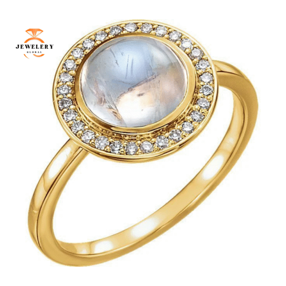 14KT GOLD 2.00 CT MOONSTONE & 1/8 CTW DIAMOND ROUND HALO RING - Image 3