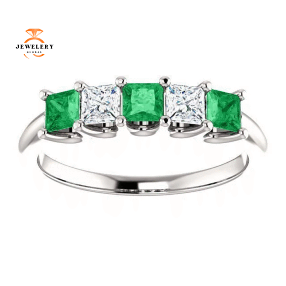 14KT GOLD 0.45 CTW EMERALD & 0.33 CTW DIAMOND SQUARE 5 STONE BAND - Image 14