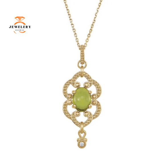 14KT GOLD 1.35 CTW OVAL PERIDOT GRANULATED DESIGN NECKLACE - Image 3
