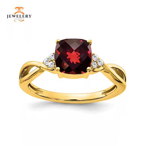14 KARAT YELLOW GOLD CUSHION CUT GARNET & DIAMOND RING