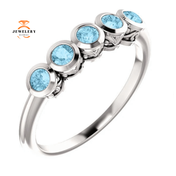 14KT GOLD 3/10 CTW ROUND AQUAMARINE 5 STONE RING