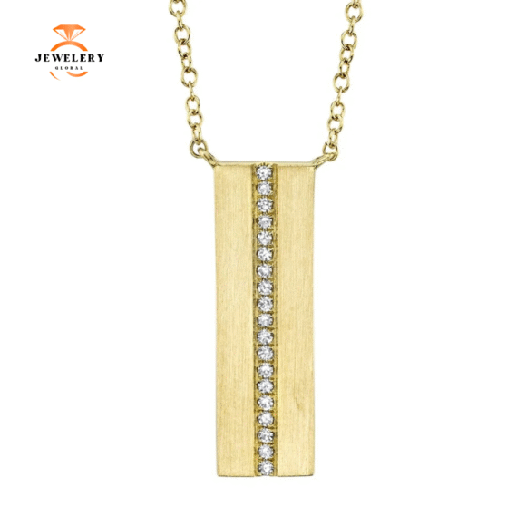 14KT GOLD 0.06 CTW DIAMOND SATIN VERTICAL BAR NECKLACE - Image 4