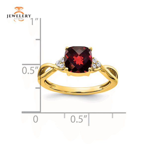 14 KARAT YELLOW GOLD CUSHION CUT GARNET & DIAMOND RING - Image 2
