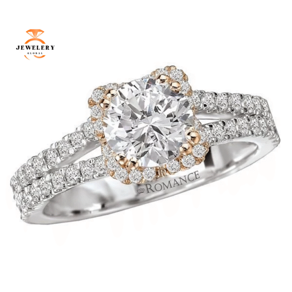 14KT Gold 1/2 CTW Diamond Split V-Shank Halo Setting for 1 CT Round