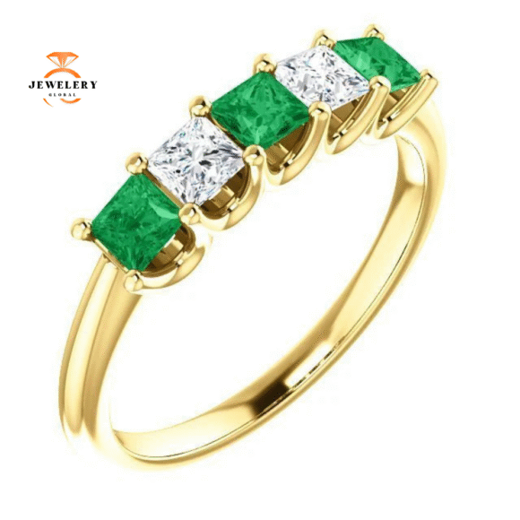 14KT GOLD 0.45 CTW EMERALD & 0.33 CTW DIAMOND SQUARE 5 STONE BAND - Image 7