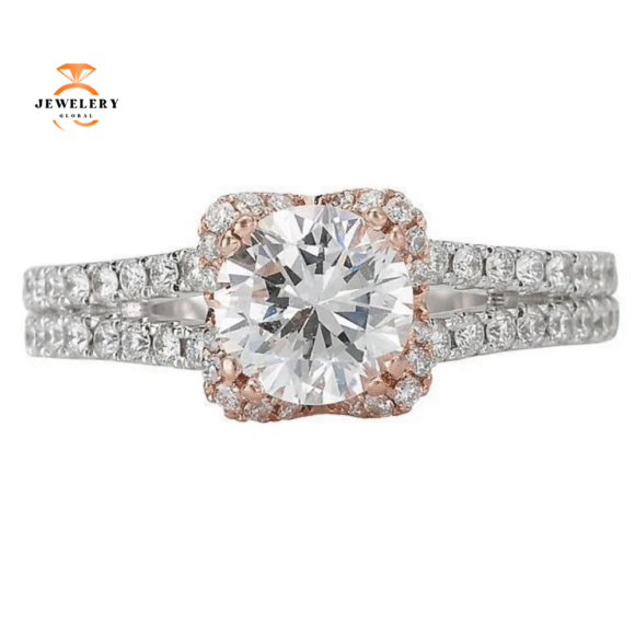14KT Gold 1/2 CTW Diamond Split V-Shank Halo Setting for 1 CT Round - Image 2