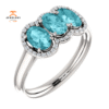 14KT GOLD 2.25 CTW BLUE ZIRCON & 0.10 CTW DIAMOND 3 STONE OVAL HALO RING