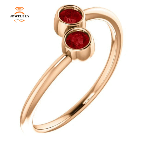 14KT GOLD .32 CTW GENUINE RUBY BEZEL-SET 2 STONE RING