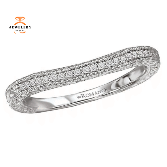14KT WHITE GOLD .08 CTW DIAMOND CURVED MILGRAIN ETCHED BAND