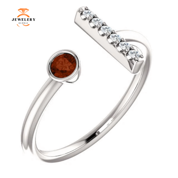 14KT GOLD 0.14 CT GARNET & .05 CTW DIAMOND BAR RING