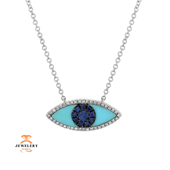 14KT GOLD 0.74 CTW BLUE SAPPHIRE, DIAMOND & COMPOSITE TURQUOISE EYE NECKLACE