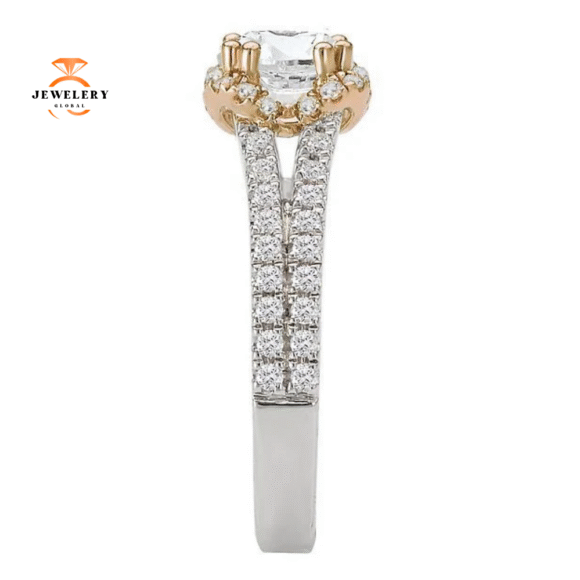 14KT Gold 1/2 CTW Diamond Split V-Shank Halo Setting for 1 CT Round - Image 3