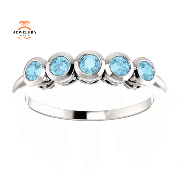 14KT GOLD 3/10 CTW ROUND AQUAMARINE 5 STONE RING - Image 3
