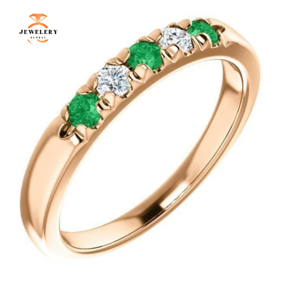 14KT GOLD 0.18 CTW EMERALD & 0.12 CTW DIAMOND FRENCH-SET 5 STONE BAND - Image 2