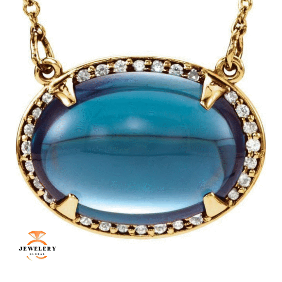 14KT GOLD LONDON BLUE TOPAZ & DIAMOND HALO NECKLACE - Image 3