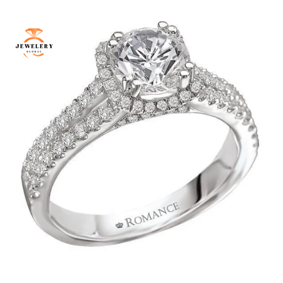 14KT Gold 1/2 CTW Diamond Split V-Shank Halo Setting for 1 CT Round - Image 5