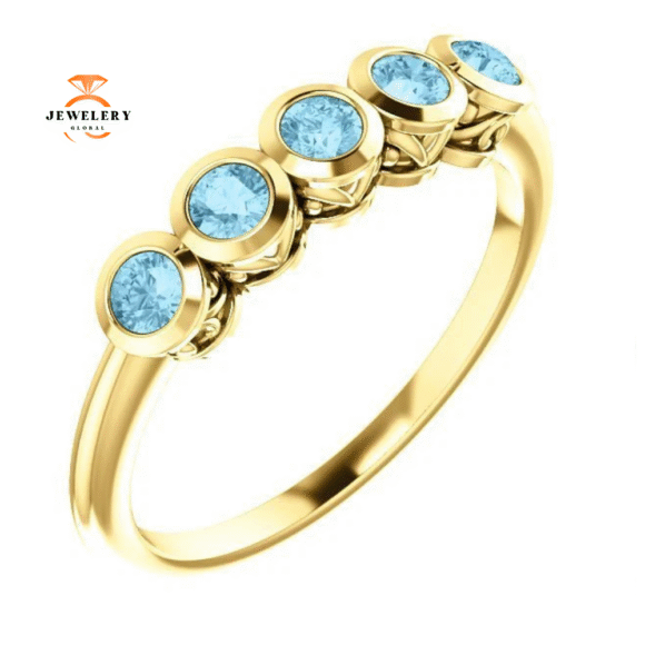 14KT GOLD 3/10 CTW ROUND AQUAMARINE 5 STONE RING - Image 5