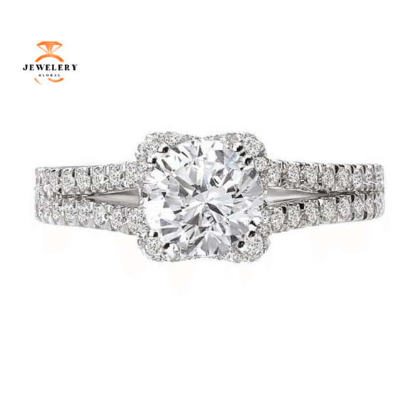14KT Gold 1/2 CTW Diamond Split V-Shank Halo Setting for 1 CT Round - Image 6