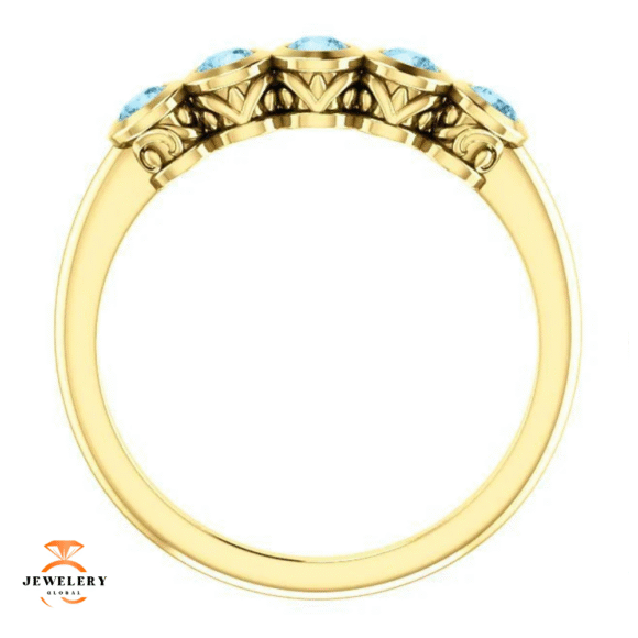 14KT GOLD 3/10 CTW ROUND AQUAMARINE 5 STONE RING - Image 6