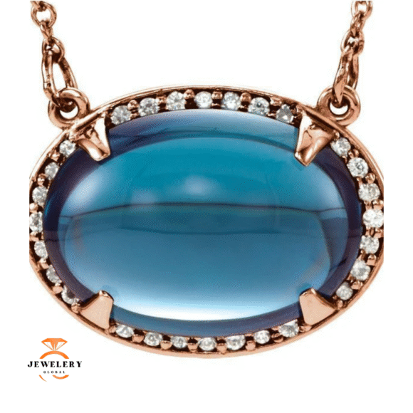 14KT GOLD LONDON BLUE TOPAZ & DIAMOND HALO NECKLACE - Image 5