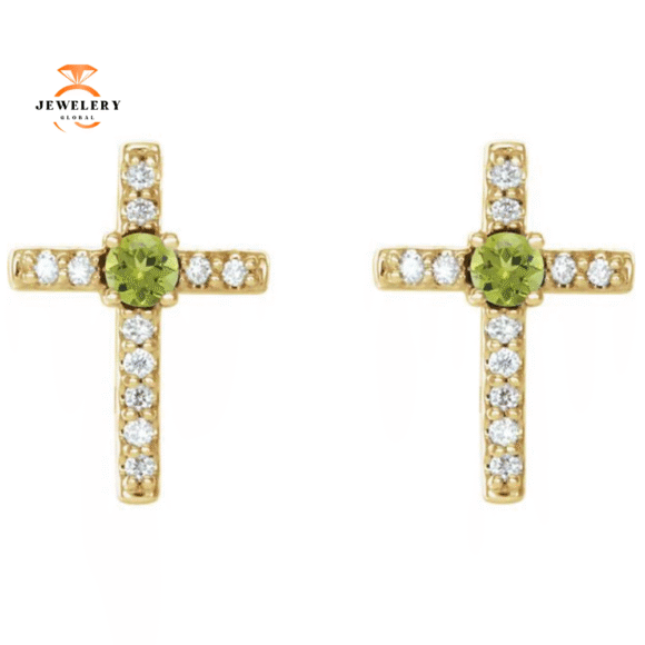 14KT GOLD PERIDOT & DIAMOND CROSS EARRINGS - Image 3