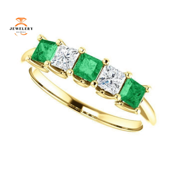 14KT GOLD 0.45 CTW EMERALD & 0.33 CTW DIAMOND SQUARE 5 STONE BAND - Image 11