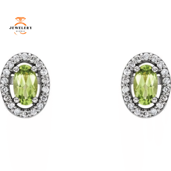 14KT GOLD 0.60 CTW PERIDOT & 0.08 CTW DIAMOND OVAL HALO EARRINGS - Image 2