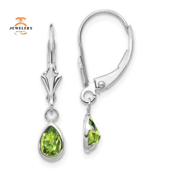 14KT GOLD 0.90 CTW PEAR PERIDOT BEZEL LEVERBACK EARRINGS