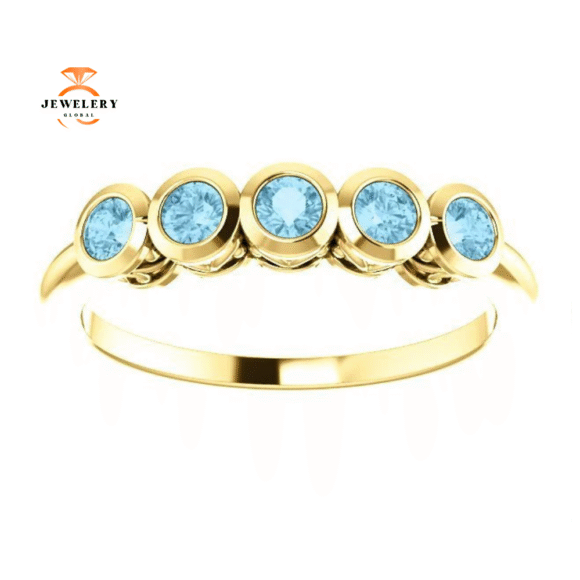 14KT GOLD 3/10 CTW ROUND AQUAMARINE 5 STONE RING - Image 7