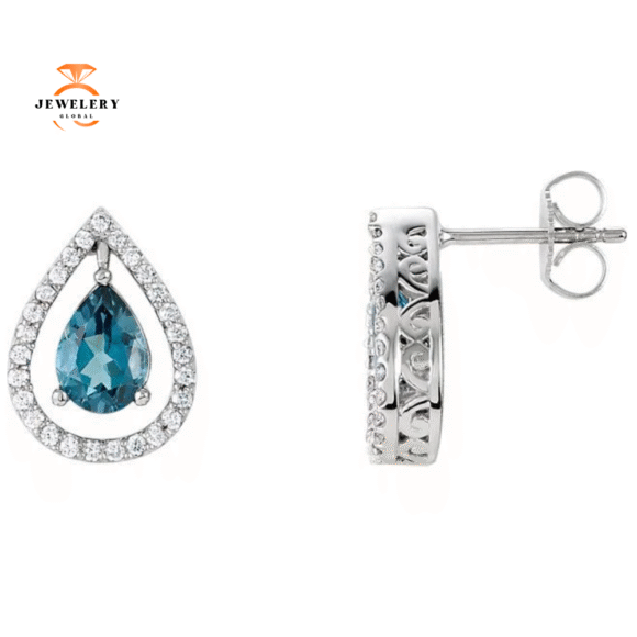 14KT GOLD LONDON BLUE TOPAZ AND DIAMOND PEAR SHAPE EARRINGS