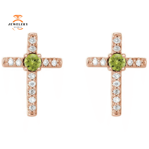 14KT GOLD PERIDOT & DIAMOND CROSS EARRINGS - Image 5