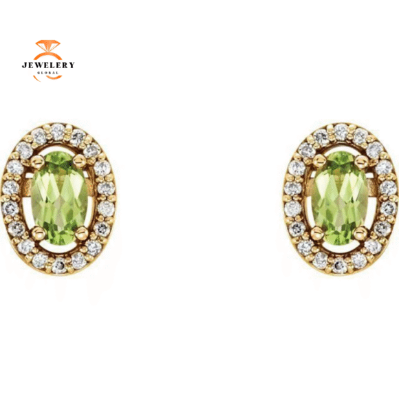 14KT GOLD 0.60 CTW PERIDOT & 0.08 CTW DIAMOND OVAL HALO EARRINGS - Image 4
